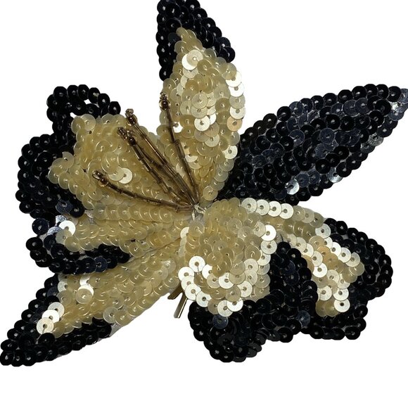 EVE REID Vintage 80s Black Gold Sequin Flower Convertible Pin & Hair Barrette - Picture 3 of 14